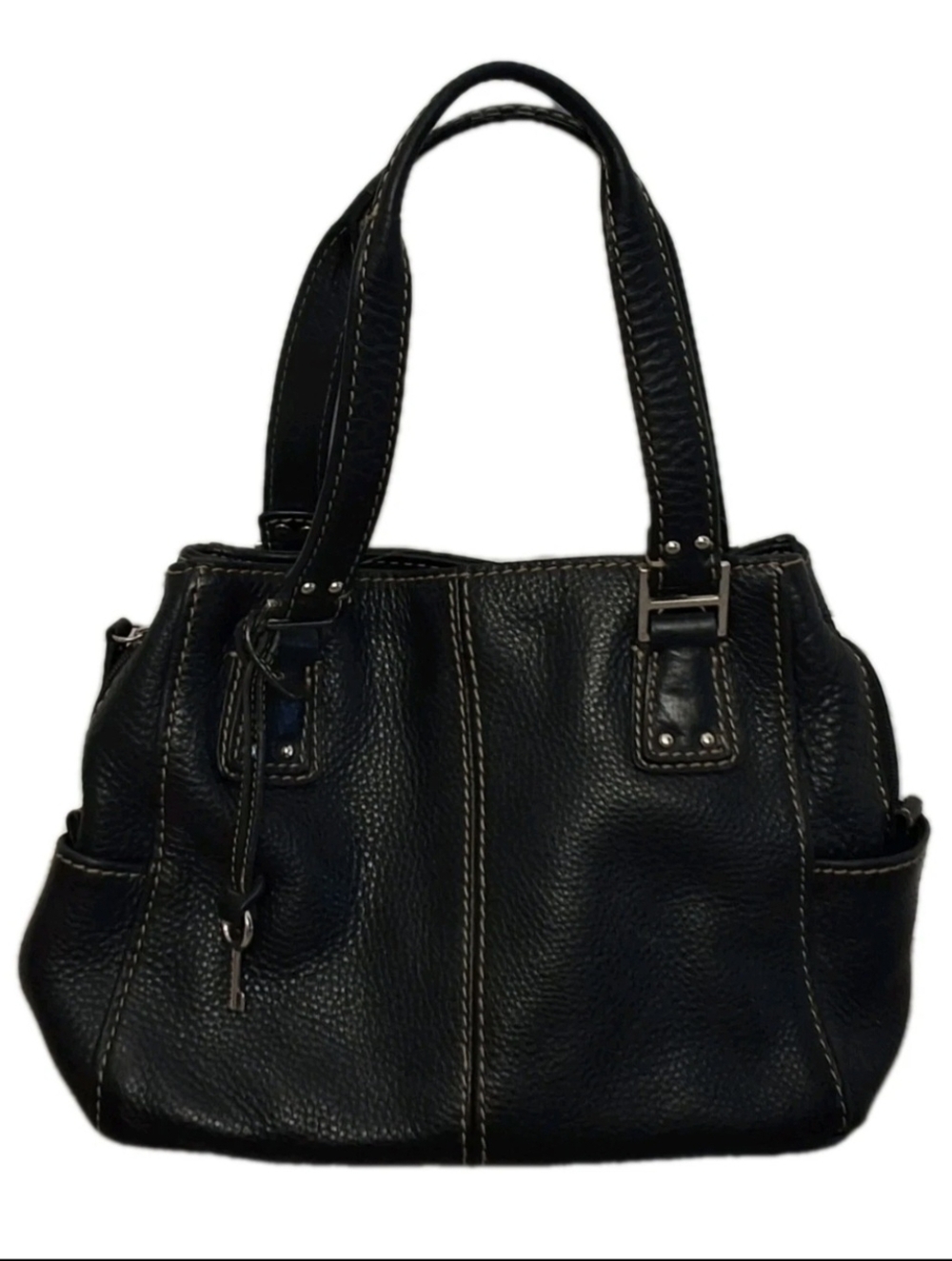 FOSSIL Black Pebbled Leather Handbag #75082 Key Charm Vtg Classic Preppy Capsule